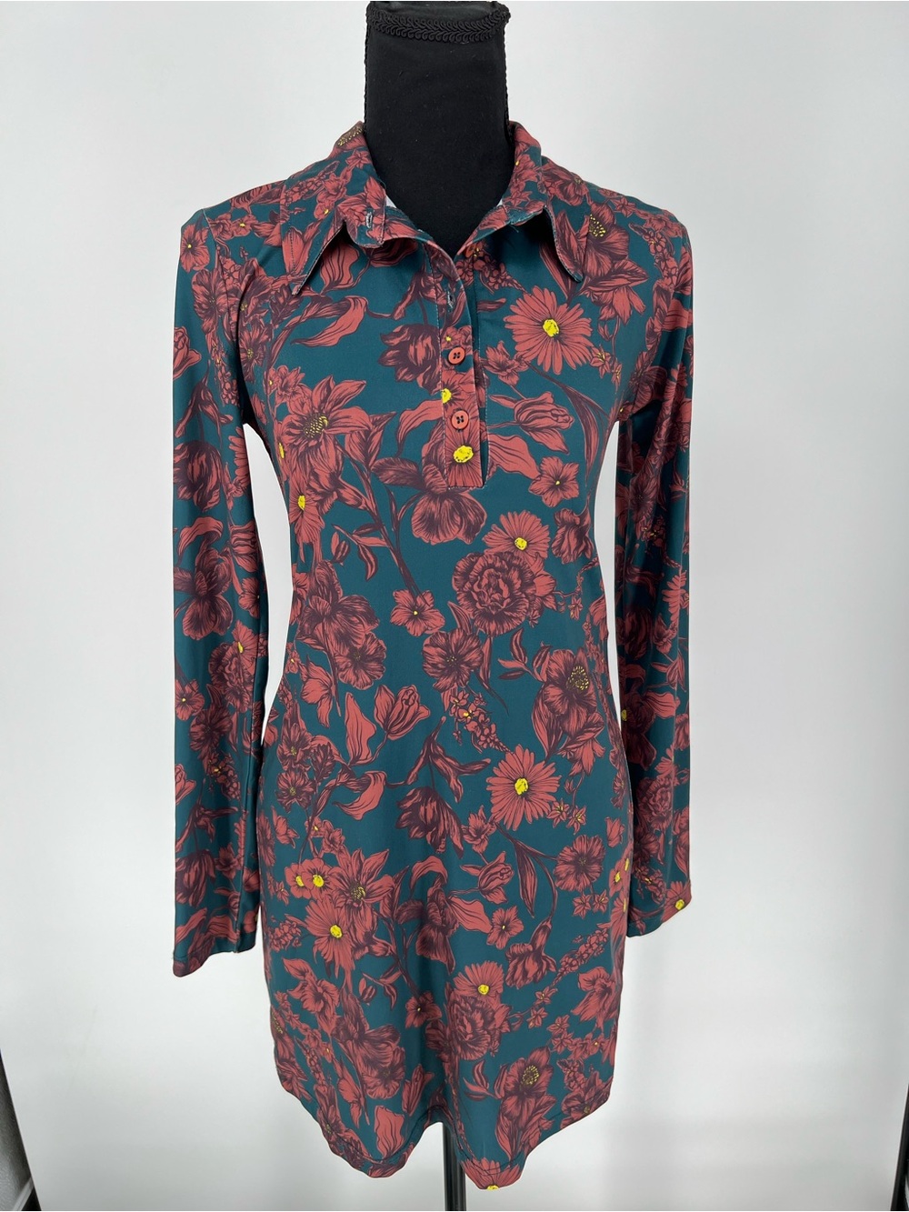 Zara Teal Long Sleeve Floral Dress with Rust and Yellow Accents‎